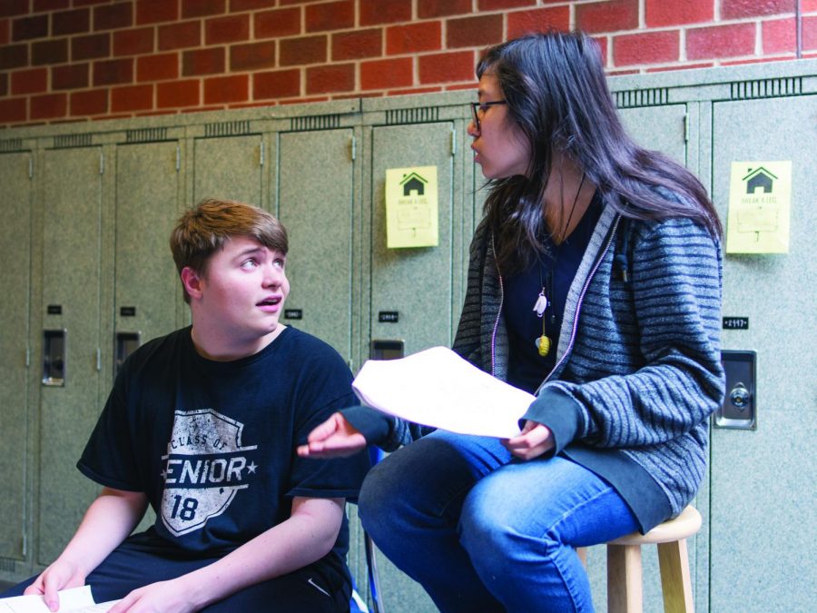 Spilling the Tea in Drama Class:
Seniors Elizabeth Hill and Ryan Furlong discuss their piece. Students practiced every day after school for their pieces.