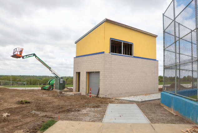 ALWAYS UPGRADING:
Construction continues
near the softball field on
what will soon be two
new buildings serving
as a press box, restroom
facility, and storage area
for multiple sports. The
project began last October
and is scheduled to be
completed in July, just in
time for softball season in
the fall.