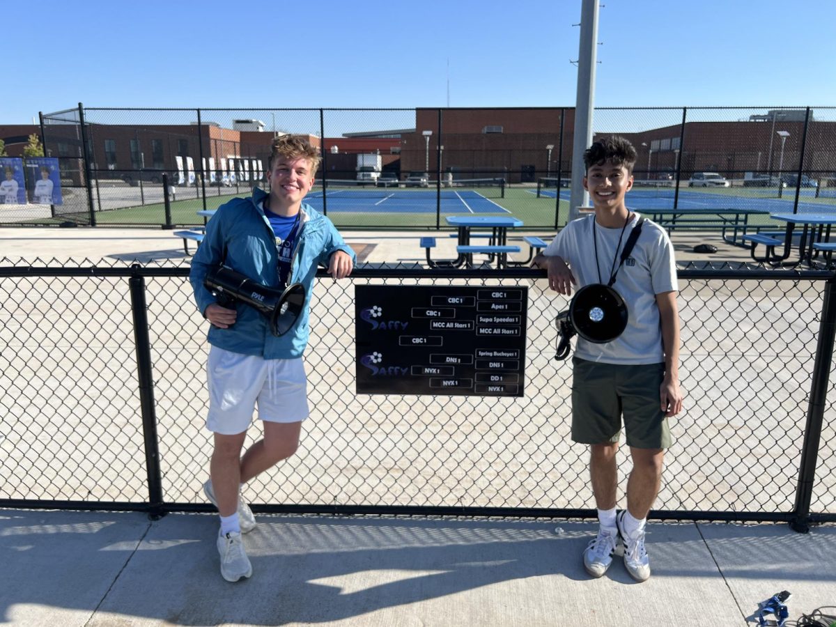 Seniors Luke Glasgow and Sharish Shapkota pose next to their bracket. Shapkota commented that their brackets were much inspired by the March Madness tournament. 
